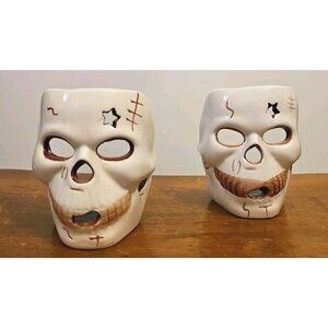Ceramic Skull Head Tea Light Candle Holders Halloween Decor Vintage (SET OF 2)